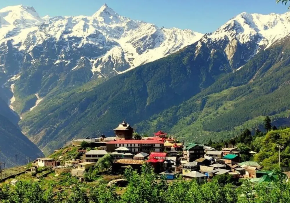 Dramatic cliffs, apple orchards, and river gorge in Kinnaur