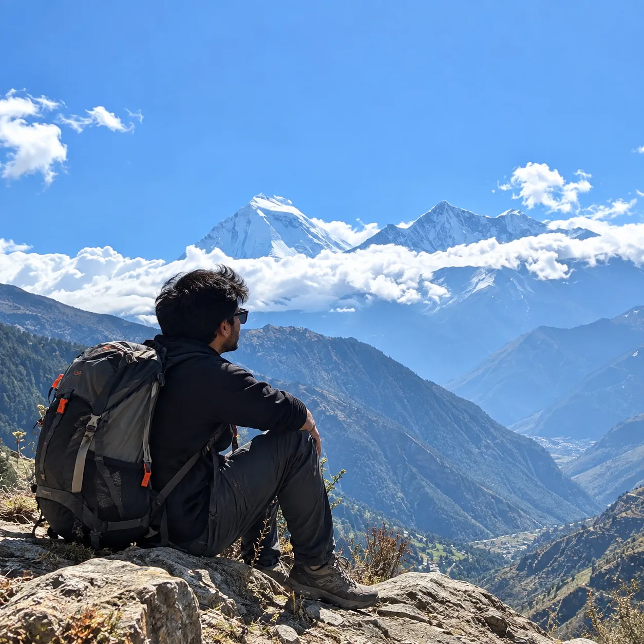 Solo traveller overlooking snowy mountains